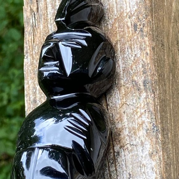 Aztec Black Onyx Gold Mayan Obsidian Carved Statue Stone Sitting Tiki Figure - Picture 4 of 13